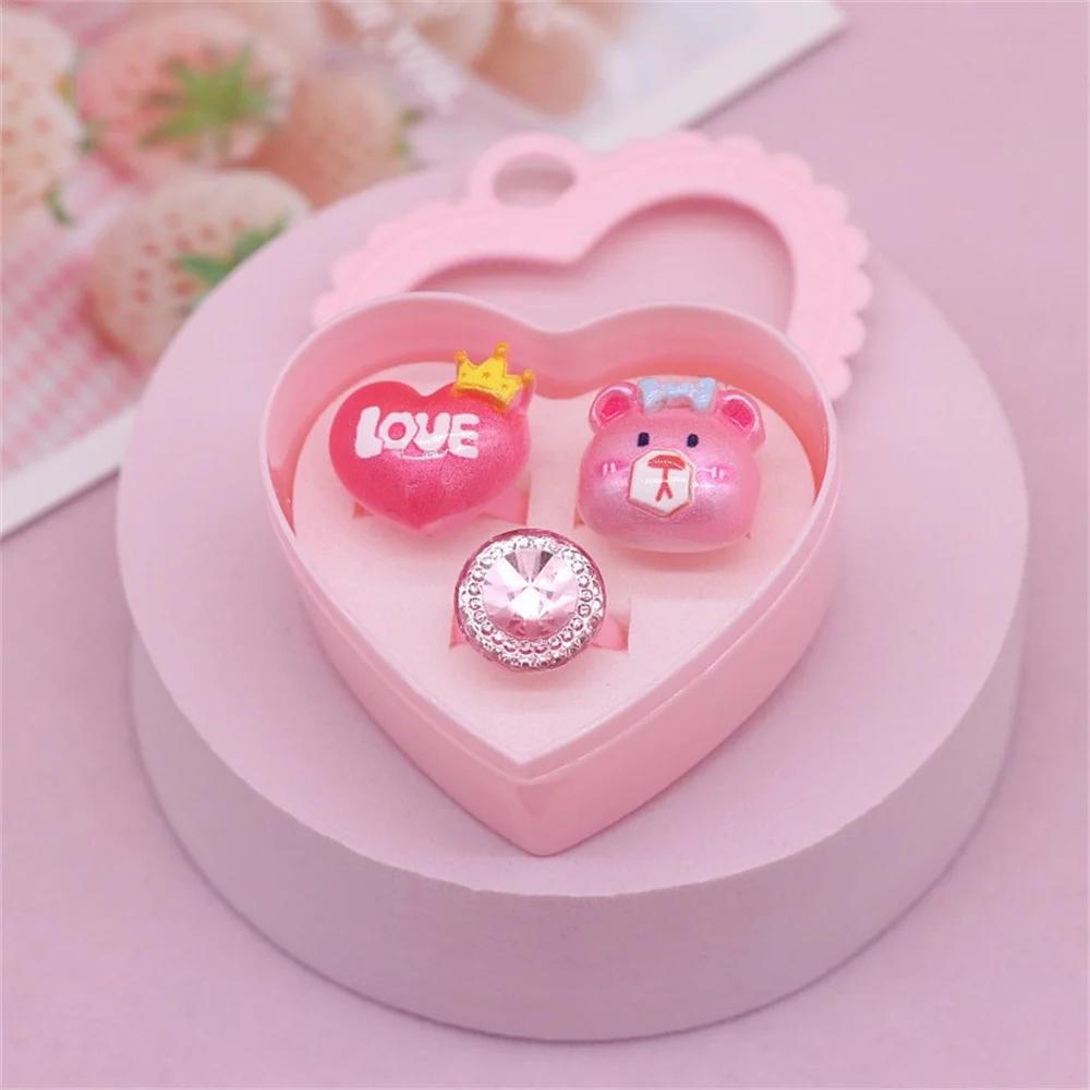 New Cute Cartoon Animal Plant Heart-shaped Girl Acrylic Ring Set Girl Heart-shaped Ring Gift Box Jewelry Wholesale