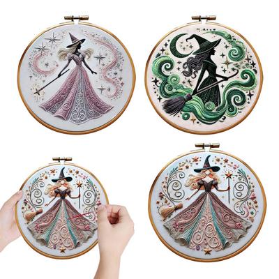 Pink Witch Embroidery Kit Witch Pattern DIY Embroidery Set Hand Embroidery Craft