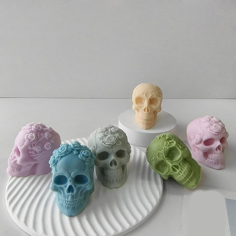 3D Skull Resin Molds Halloween Candle Mold Rose Skull Shaped Candle Making Mould Handmade Fondant Cake Aromatherapy Mold