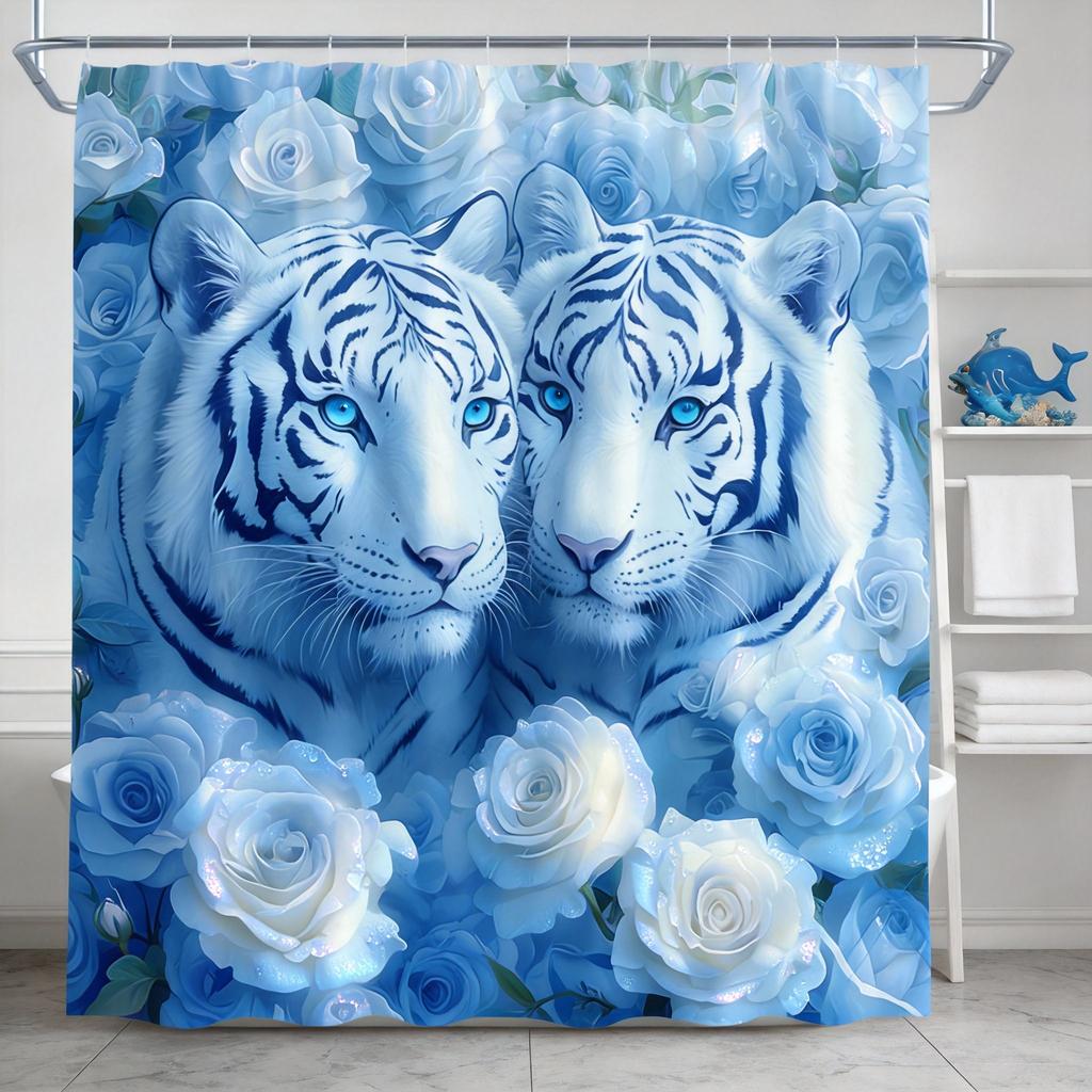 Tiger und Rose Duschvorhang 180x180cm – Weißer Tiger mit Blauen Augen, Rosa Blumendekor für das Badezimmer, 12 Haken