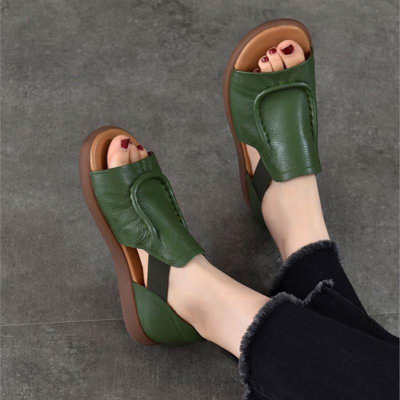 Johnature Simple Versatile Flat Sandals Genuine Leather Cowhide Hollowed Out Peep Toed Women's Shoes