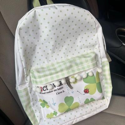Grön Lyckoklöver Japansk Söt Landsbygdsstil Nylon Canvas Stor Kapacitet Skolväska Studentförvaringsväska Reseryggsäck