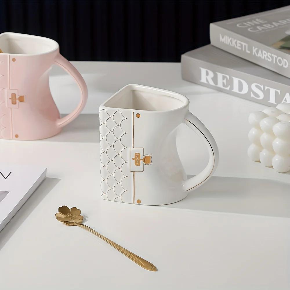 Taza con forma de bolsa y cuchara, diseño de bolso, tazas de cerámica, taza de café para la oficina, el hogar, taza de té de la tarde, artículos para beber, regalos exquisitos