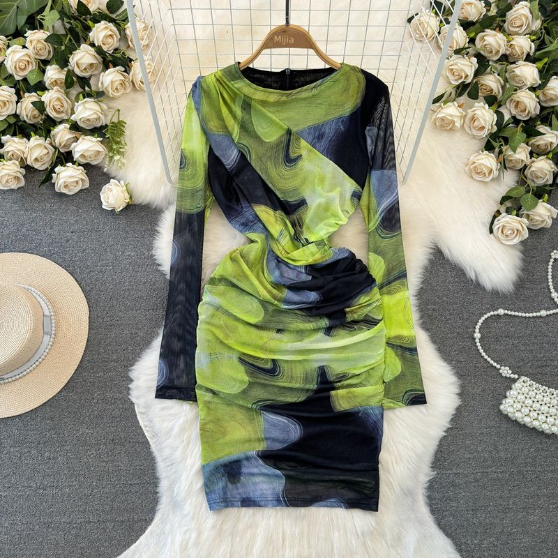 Fashion Fashion Long Sleeve Blooming Print Dress Mesh