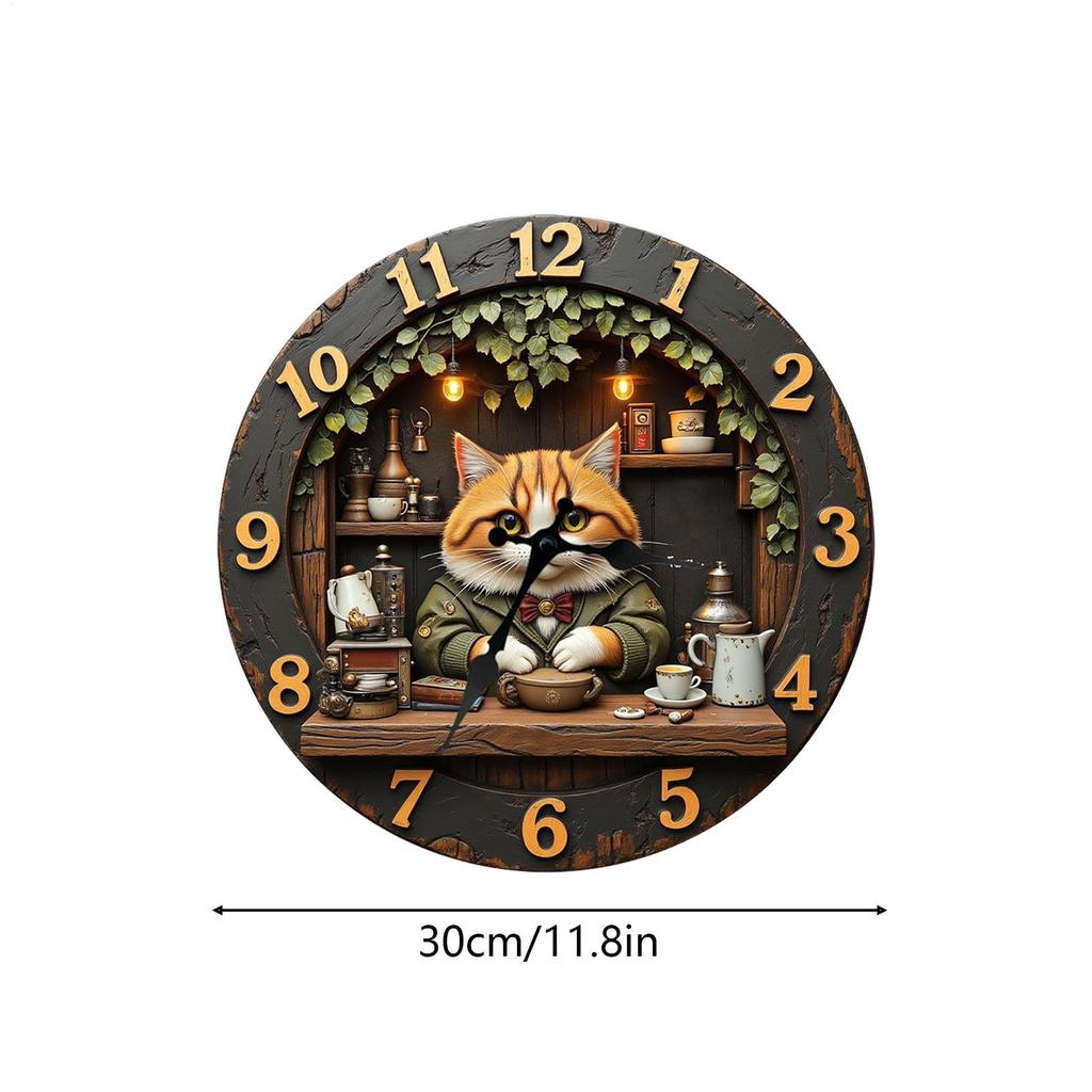 Wall Clock Cat Theme Wooden 11.81 Inch Cute Animal Decoration For Living Room Bedroom Farmhouse Home Office Decor Silent Clock