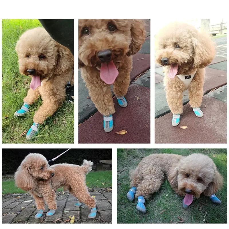 4 ks/sada Psí boty pro malé psy Prodyšné psí boty na horké cesty, Protiskluzové boty pro střední psy na dřevěné podlahy Jezerní modrá