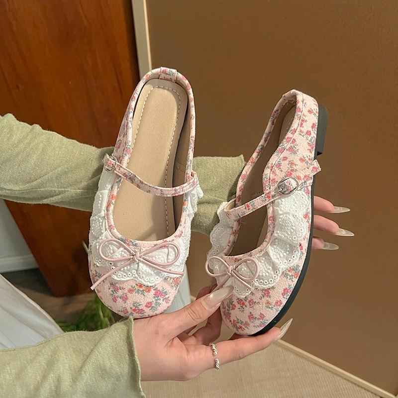 Fashion Lace Lace Bow Flat Semi-drag Spring and Summer New Round Toe Shallow Mouth Soft Sole Anti-slip Wear-resistant Slippers
