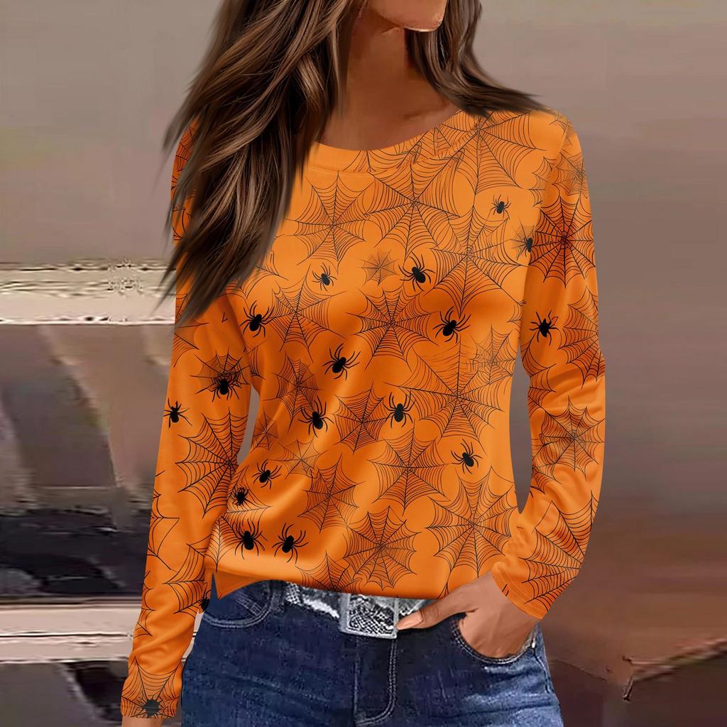 Women's Fashion Casual Slit Hem Round Neck Long Sleeve Loose Halloween Printed T-Shirt Ladies Top