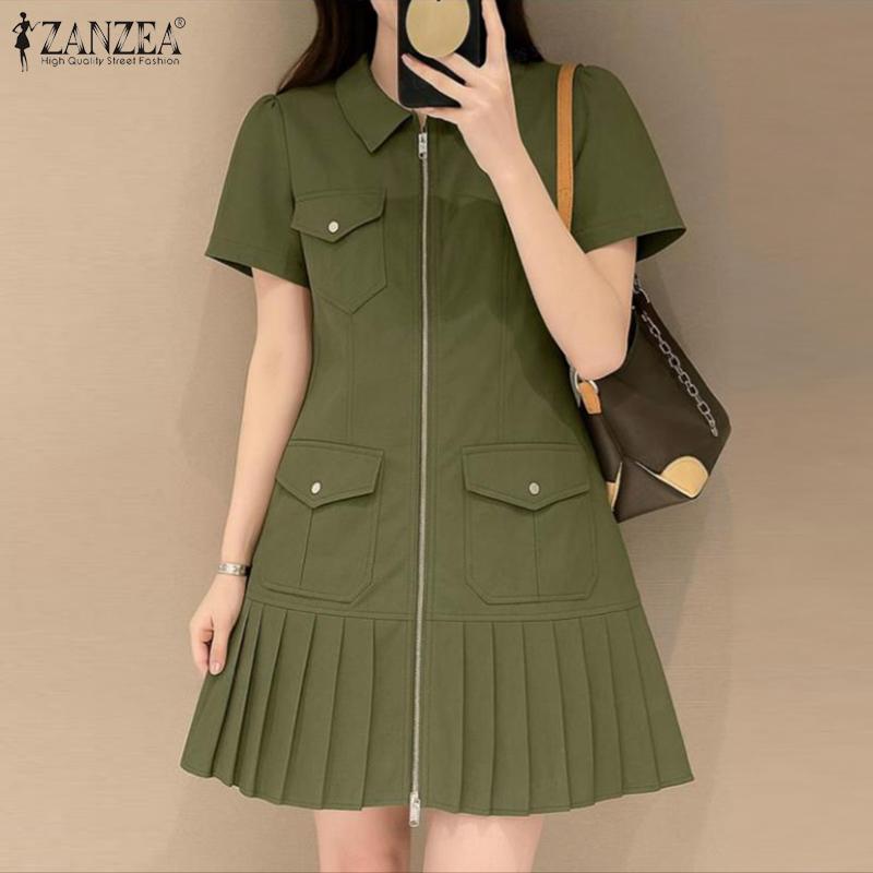 ZANZEA Women Zipper Casual Turn Down Collar Summer Short Sleeve Dress