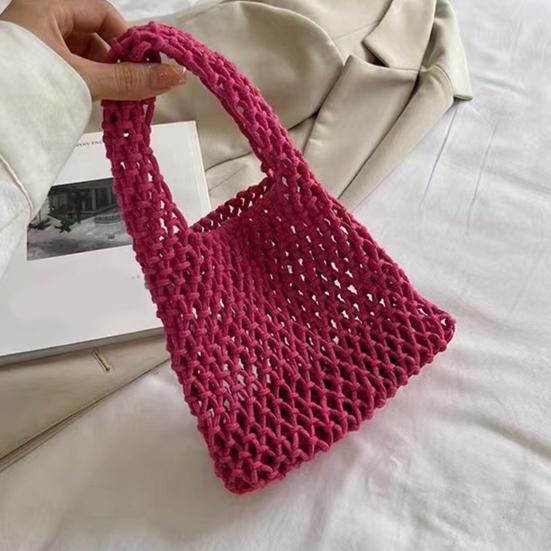 Hand-Woven Wrist Tote Bag Cotton Rope Braided Hollow Out Handbag Ladies Portable Wristlet Handbag for Travel Beach Shopping