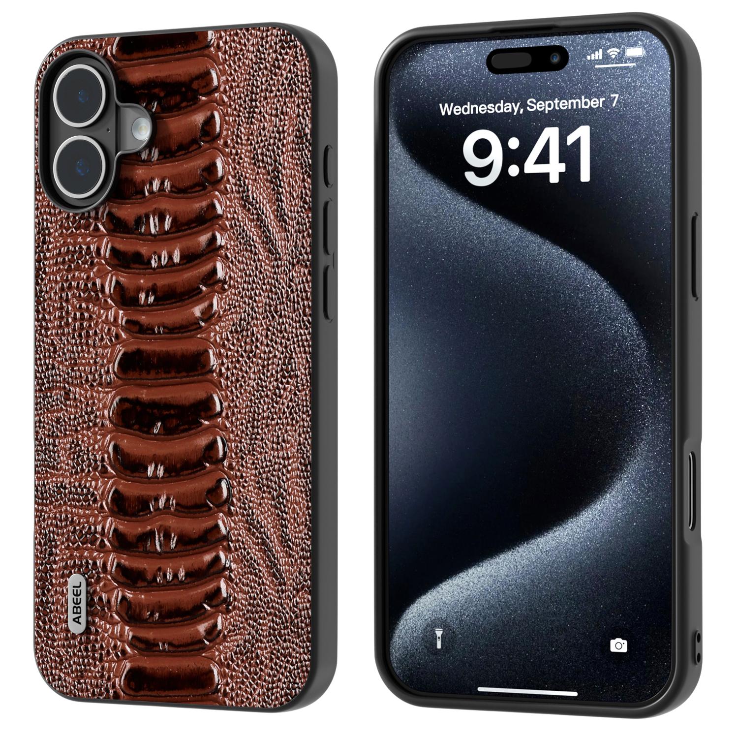 

ABEEL For iPhone 16 Case Crocodile Texture Genuine Cow Leather Coated Phone Cover