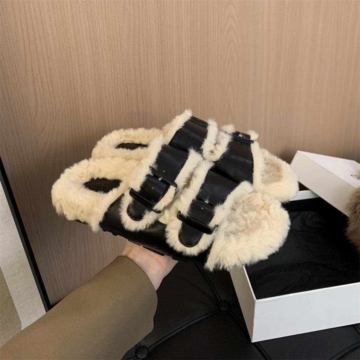 

Жіночі вовняні тапочки з товстим дном, осінньо-зимовий верхній одяг з овечої вовни 2024, модні бавовняні тапочки з м’яким дном, протиковзкі жіночі Boken 40 чорний