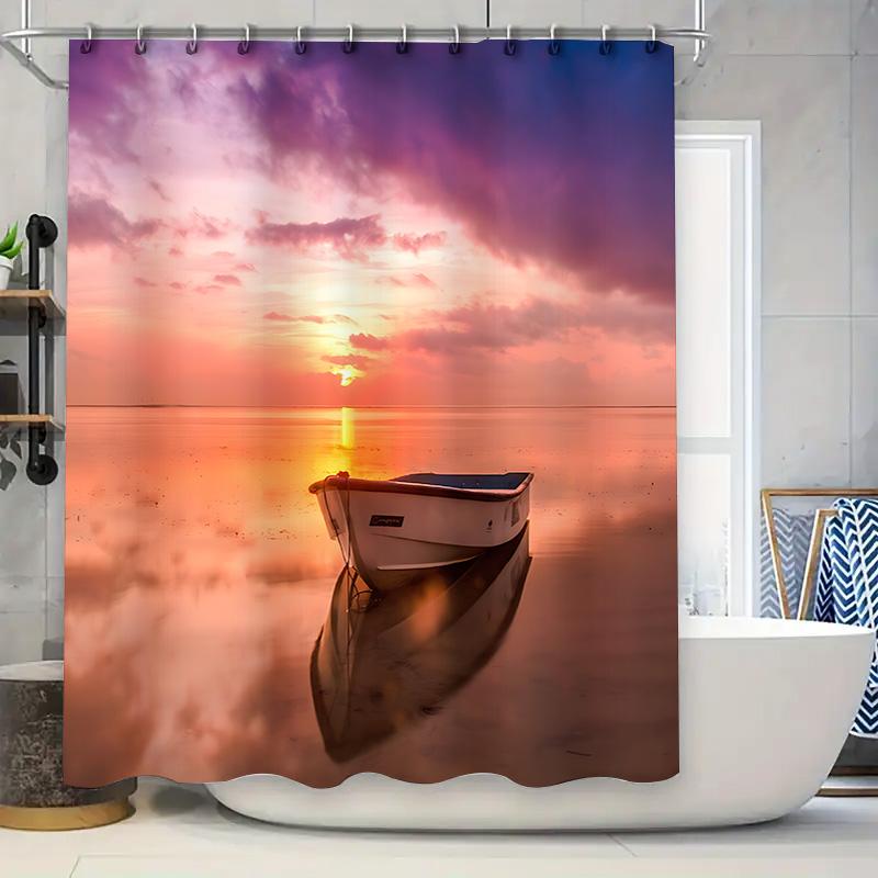 Romantic Sunset Seascape Shower Curtain Rowboat Reflection Bathroom Decor Tranquil Ocean View Colorful Sky Serene Atmosphere
