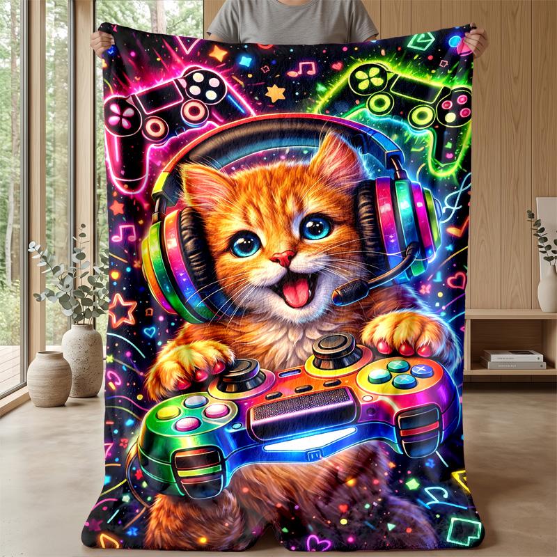 Furry Cat Night Scene Theme blanket Lightweight Warm Flannel Blanket Decorative Throw Blanket for Home Decoration