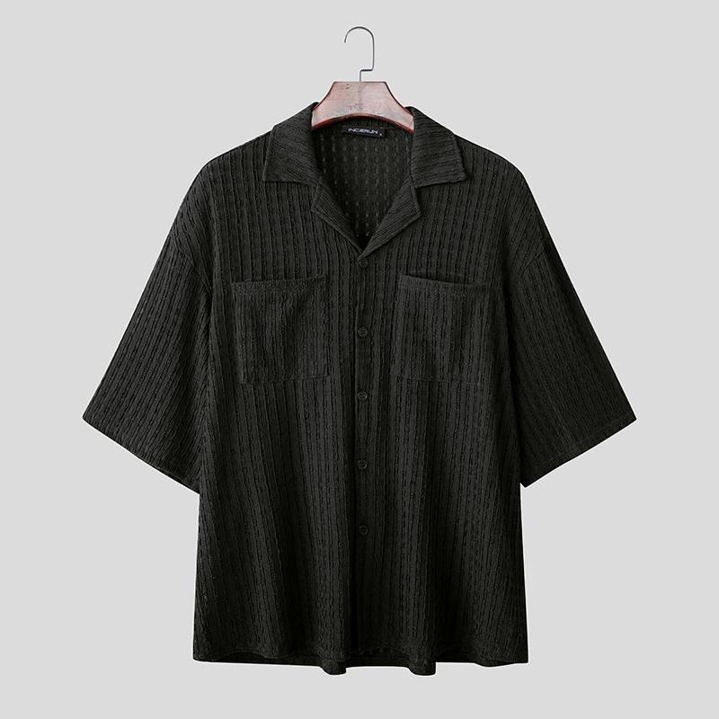 INCERUN Plus Size Men Lapel Neck Short Sleeve Texture Casual Shirts Tops