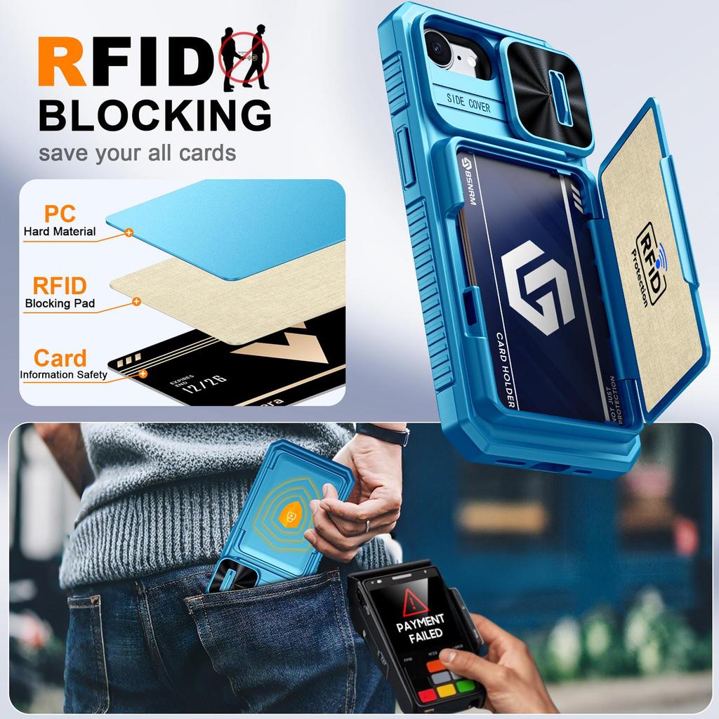 With Card Holder Sliding Camera Cover And Stand For iPhone 16E / iPhone 17E Phone Case, Anti-Fall PC+TPU Wallet Case-Light Blue