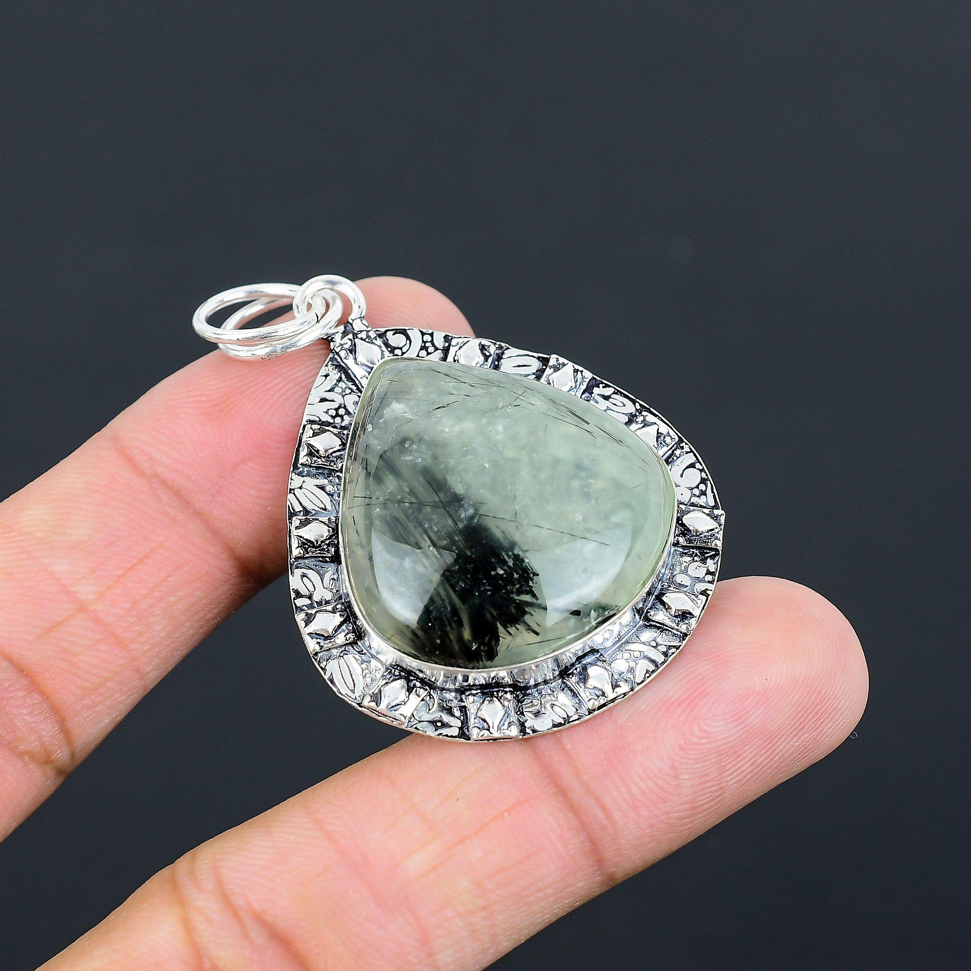 Pear Natural Moss Moss Prehnite 925 Sterling Silver Bezel Wife Pendant Jewelry