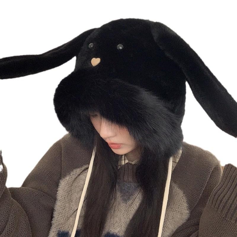 Süßer großer Kaninchenohren Plüschhut für Damen, Herbst und Winter, für großen Kopfumfang, lässt das Gesicht kleiner erscheinen, Ohrenschützerhut, verdickt, um warm zu halten, Kind