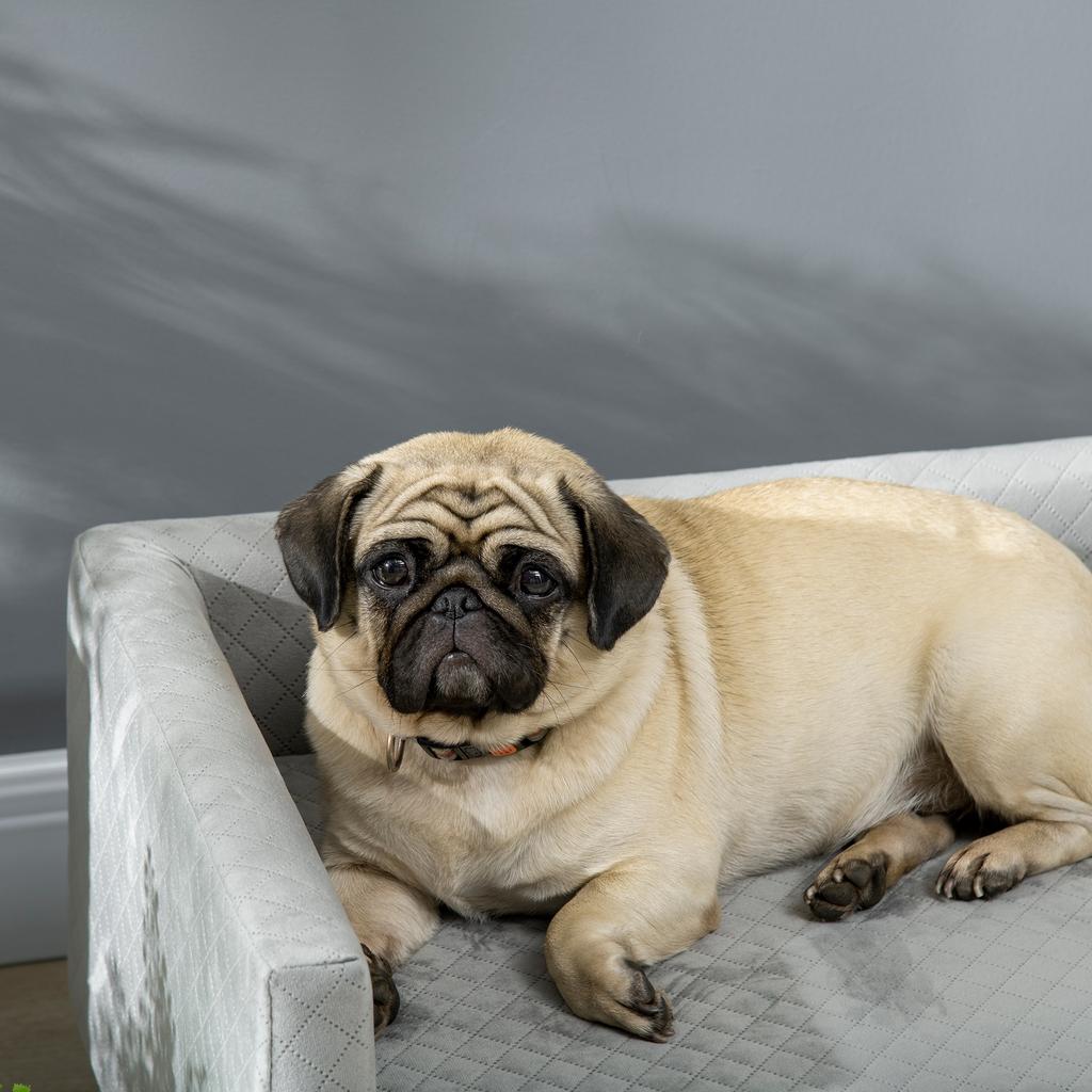 Scandinavian Style Dog and Cat Sofa with Upholstered Velvet and Wood Cushion, 64x45x36cm, Grey