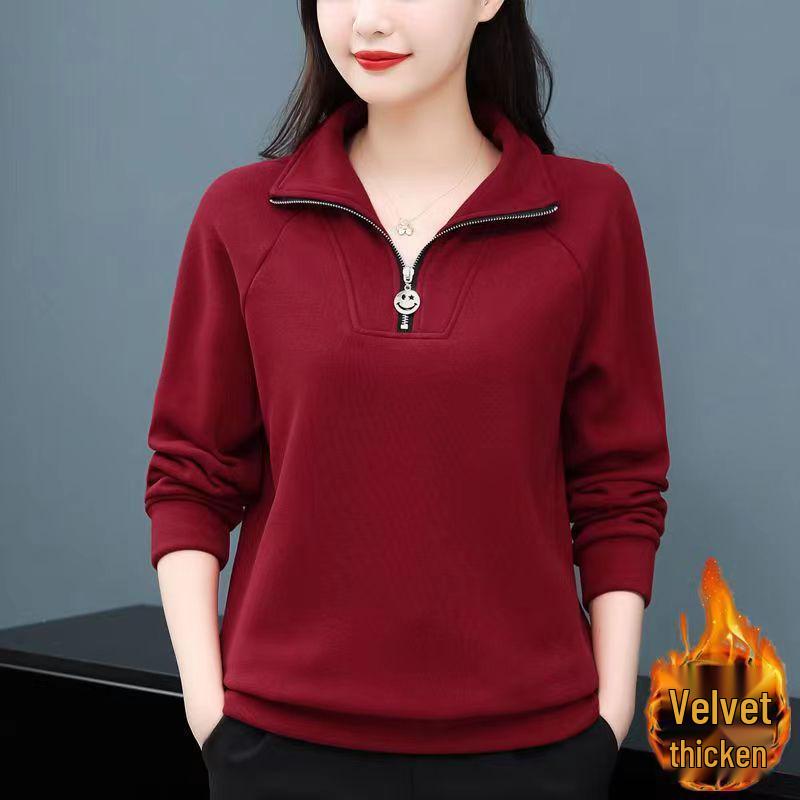 2025 Autumn/Winter Women's Plus Size Fleece-Lined Stand Collar Sweatshirt - Casual Loose Fit Red Jacket