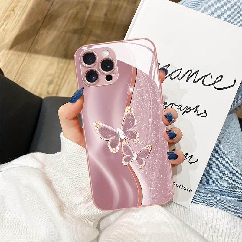 Diamond Butterfly Pattern Pink Metallic Paint Glass Hard Phone Case For iPhone 17 Pro Max 11 12 13 14 15 16 Plus 16E 17Air Cover