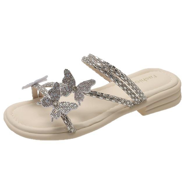 Красивые шлепанцы на плоской подошве женские летние 2025 новинка интернет-знаменитость взрыв бабочка стразы с юбкой два способа носить сандалии