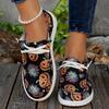 Fashion Women's Pumpkin Print Flat Loafers Lightweight Comfortable Lace Up Canvas Shoes Woman Halloween Style Soft Non Slip Casual Shoes