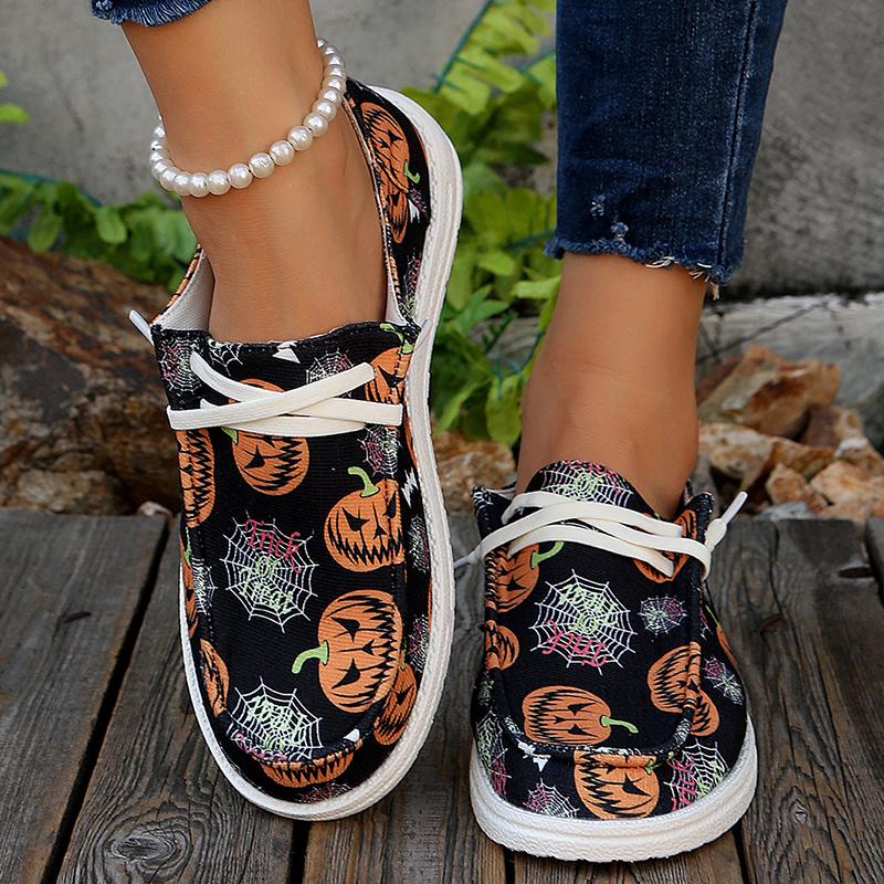 Fashion Women's Pumpkin Print Flat Loafers Lightweight Comfortable Lace Up Canvas Shoes Woman Halloween Style Soft Non Slip Casual Shoes