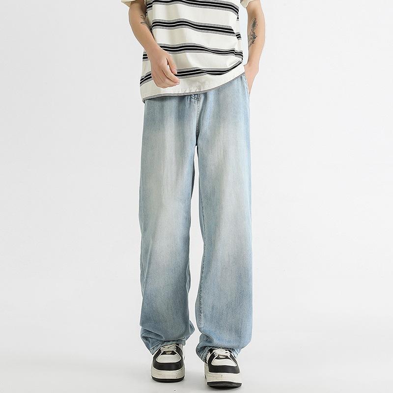 Summer thin loose Lyocell Tencel washed jeans men's cool drape wide-leg straight pants