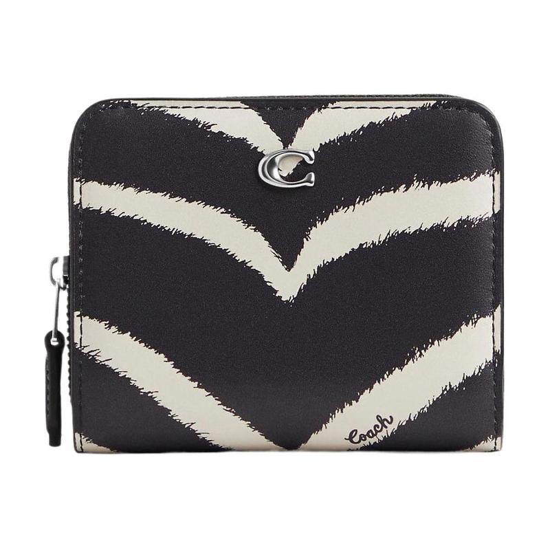 

COACH Billfold Wallet 11 Silver Logo Letter Zebra Zipper Closure Calfskin Coin Purse Wallet Women s Black White чорний