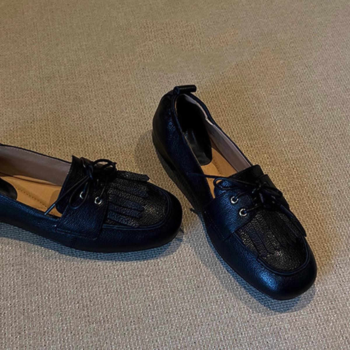 

2025 spring French retro fringed one-pedal loafers Mary Jane shoes flat single shoes British small leather shoes women 41 чёрный