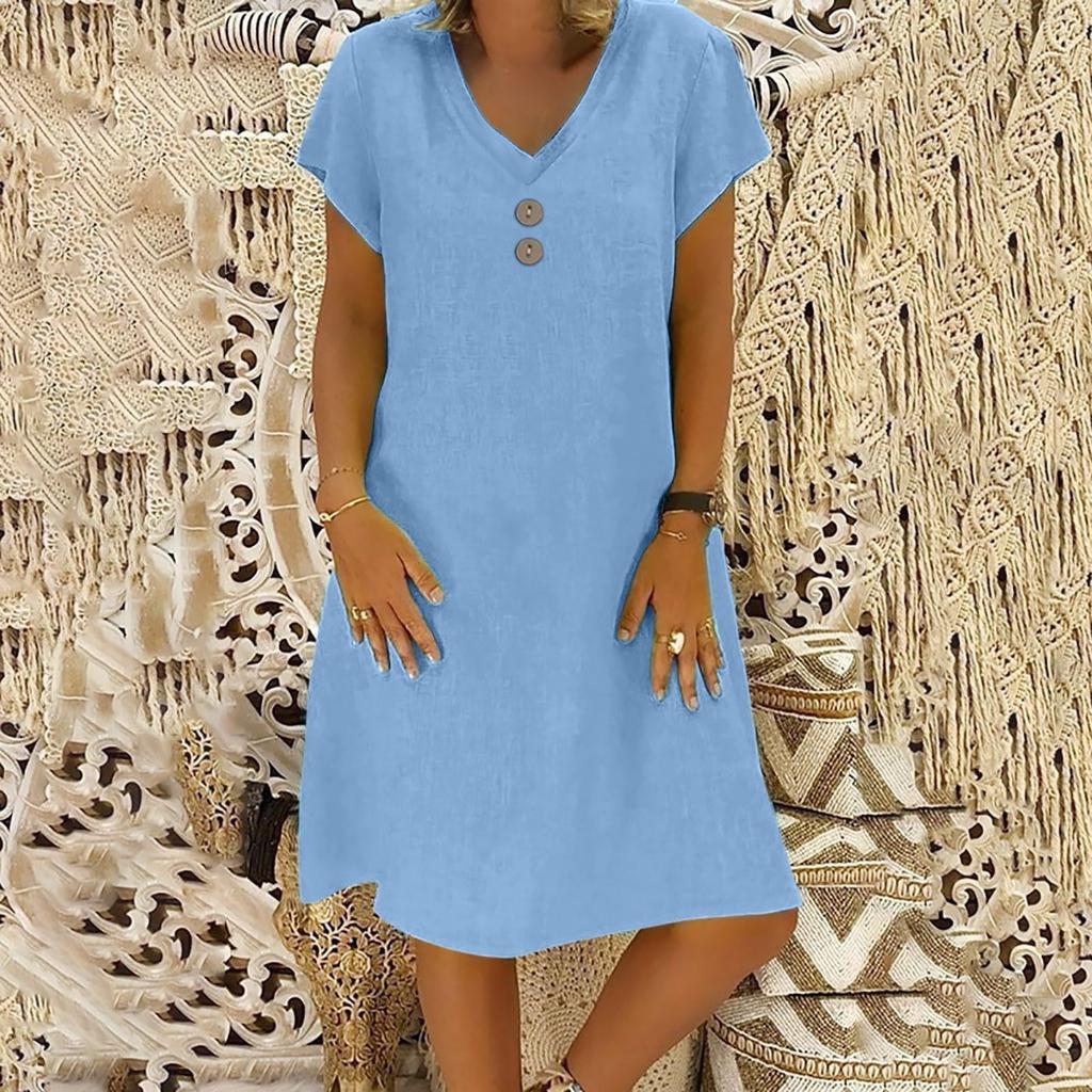 Women's Fashionable Retro V-Neck Short-Sleeve Casual Cotton-Linen Dress