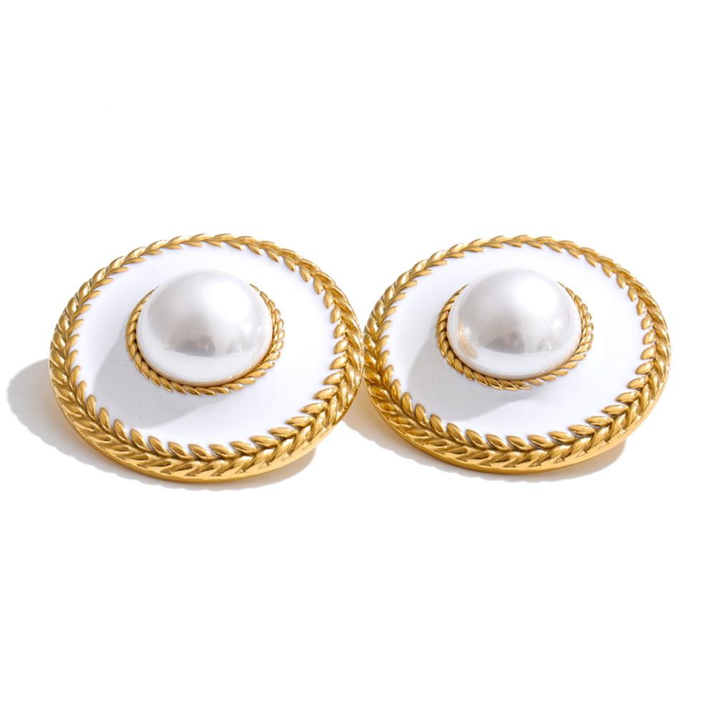 

Yhpup French Stainless Steel Simulated Pearls Round Pendant Necklace Earrings Set Trendy Statement Aesthetic Jewelry for Women