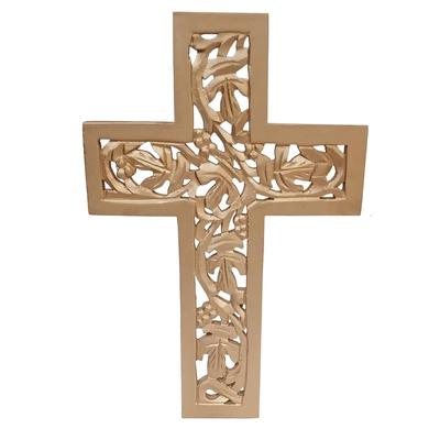 Wooden Jesus Christ Wall Cross: Hand Carved Antique Design Hanging Plaque For Home Altar Room Decor, Dull Gold