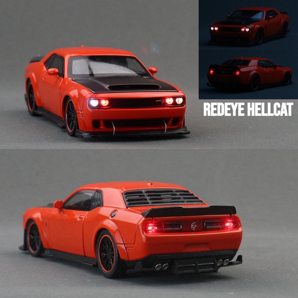 1/32 Scale Dodge Challenger SRT Hellcat Toy Car for Children Super Sport Model Diecast Vehicle Miniature Sound & Light Collection Gift
