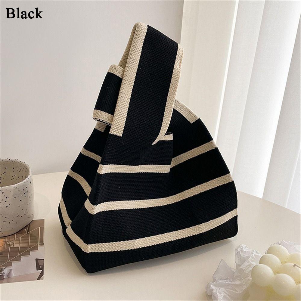 Handmade Knit Handbag Women Mini Knot Wrist Bag Japanese Casual Color Wide Stripe Plaid Tote Bag Student Reusable Shopping Bags