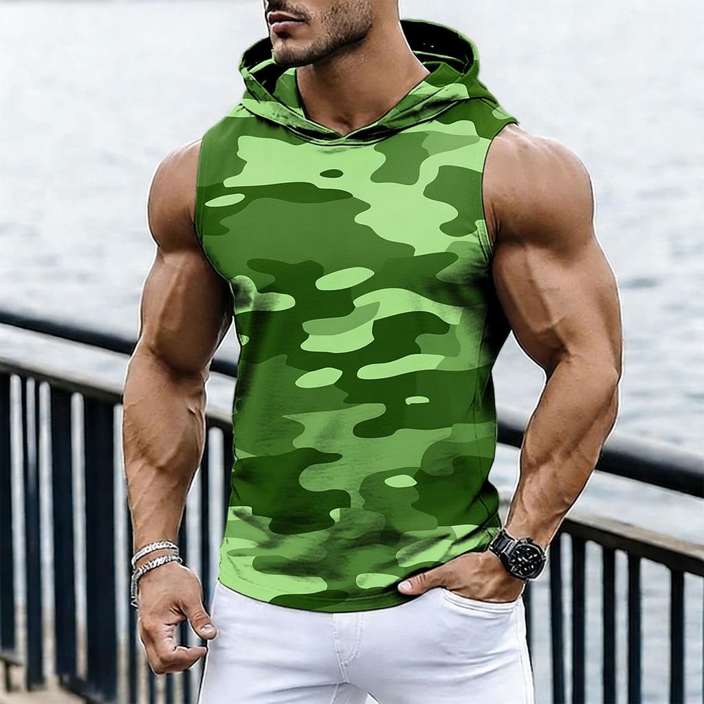Men's Casual Fashion Printed Sleeveless Hooded Tops | Lightweight Summer Hooded Tank Tops