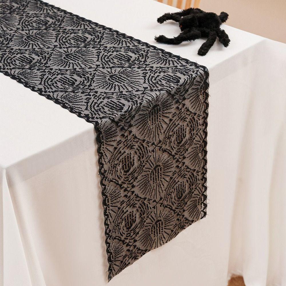 Black Color Halloween Table Runner Long Length Lace Material Spider Web Table Runner Gothic Style Hollow Out Table Runner