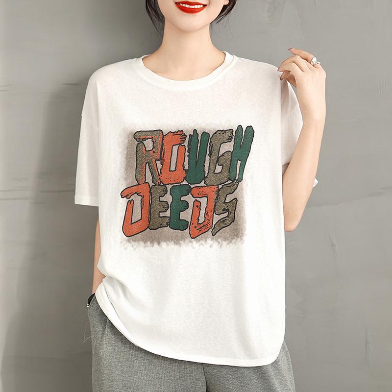 

Dimanaf 2025 Женская новая летняя свободная футболка больших размеров с короткими рукавами из хлопка с винтажным принтом, топы, футболки макси One Size белый