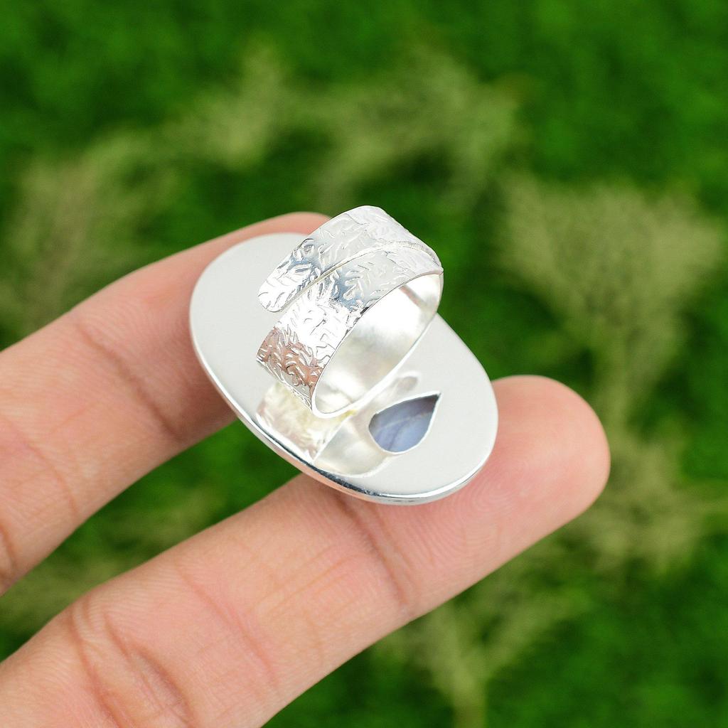 Gift For Her Natural Blue Lace Agate Multi Stone Adjustable Ring 925 Silver