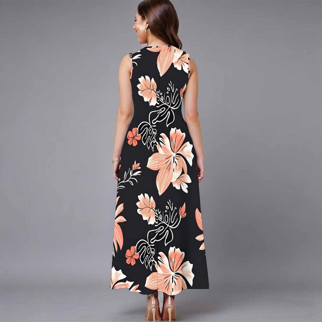 Oversized Women Sleeveless Round Neck Dress Elegant Cluster Flower Printed Loose Mid Calf Dress