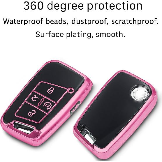 for Volkswagen key fob cover with metal/leather keychain,TPU 5 Buttons Key case,compatible with Tiguan Atlas Jetta Passat Golf Alltrack Remote smart