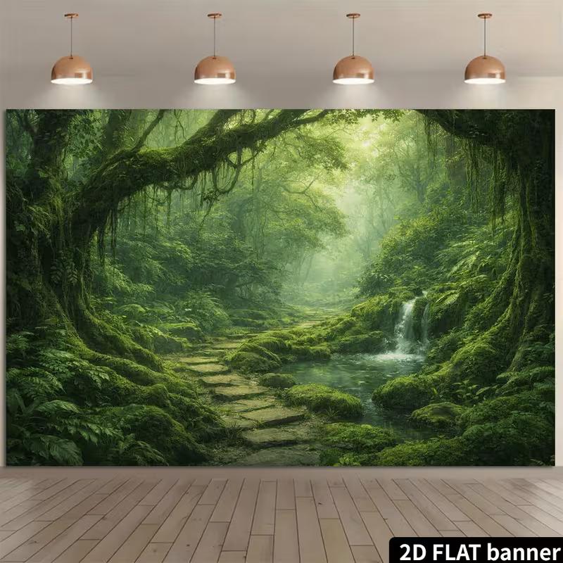 Enchanted Jungle Banner with Waterfall and Ferns Photo Booth Background Cloth