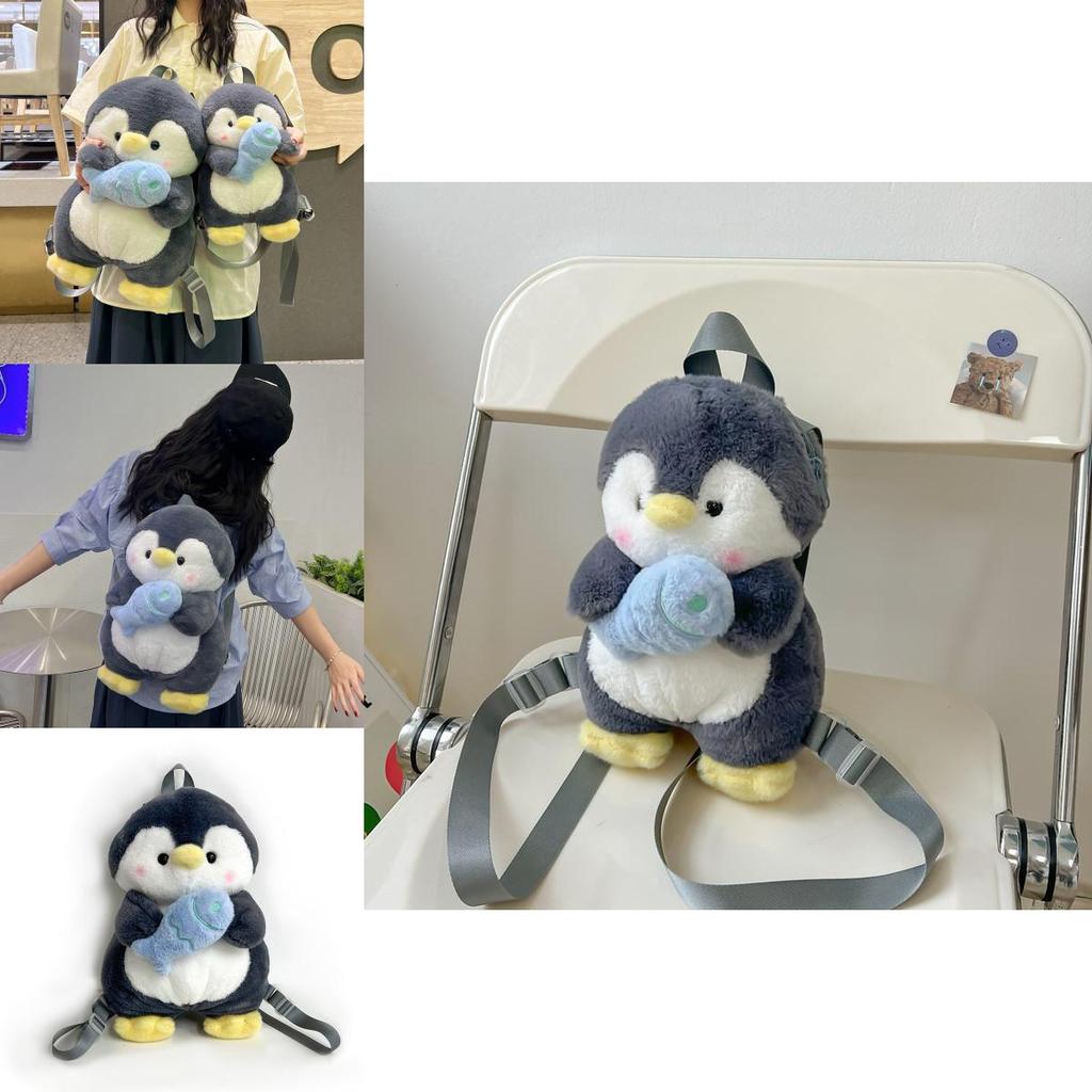 Cartoon Penguin Plush Backpack For Girls With Soft Faux Fur And Zip Closure