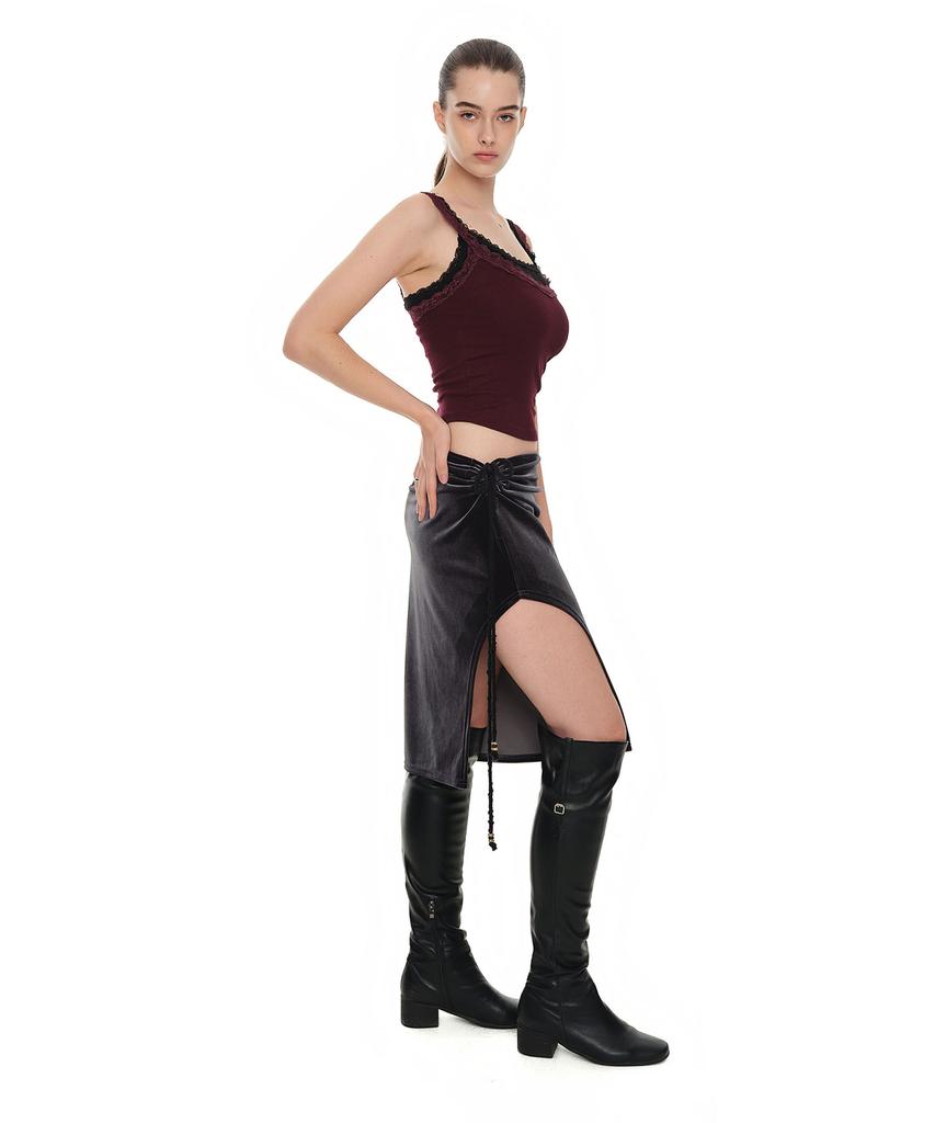 Too Much Tax Velour Midi Skirt Charcoal