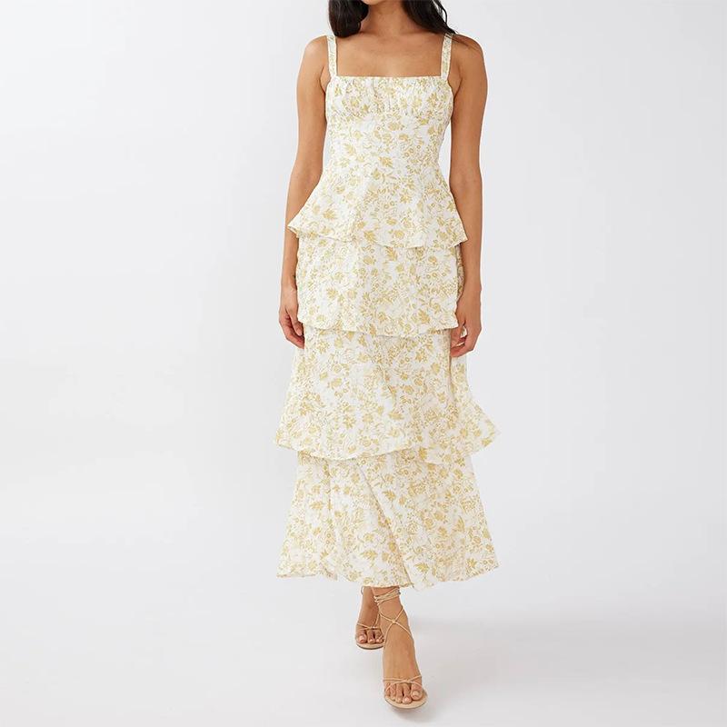 Summer European and American Women's Clothing, Fashionable and Sweet Printed Slim-fit Suspender Ruffle Edge Holiday Dress