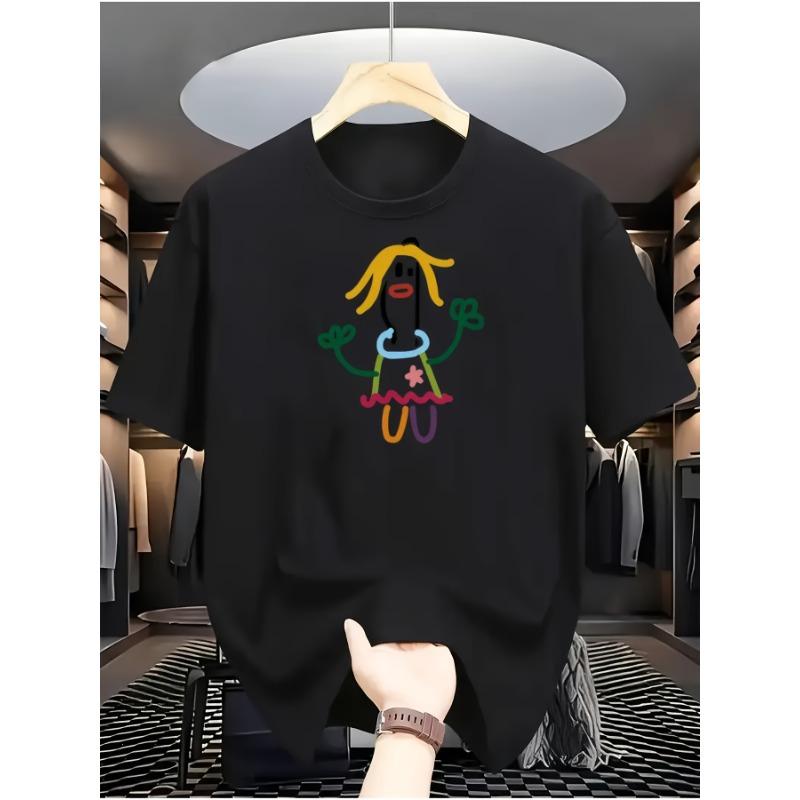 

European sizes White Short-Sleeved T-Shirt with Childlike Stick Figure Patterns S чёрный