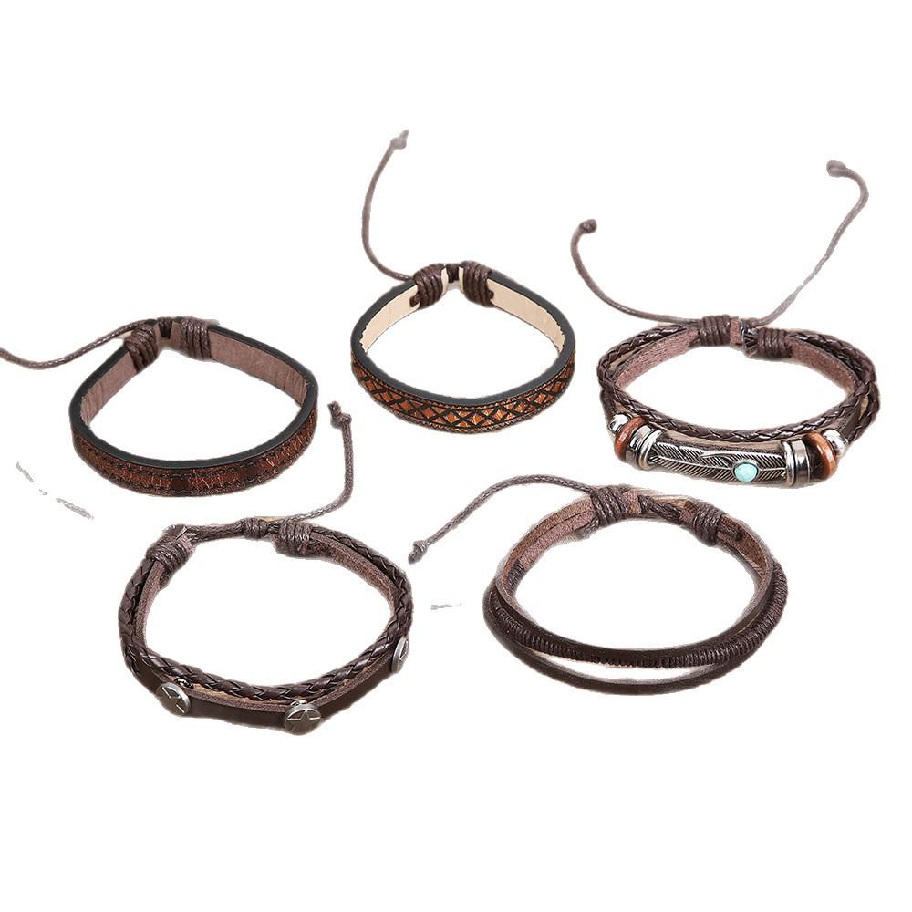 Retro Cowhide Bracelet Set with Tree and Feather Charms