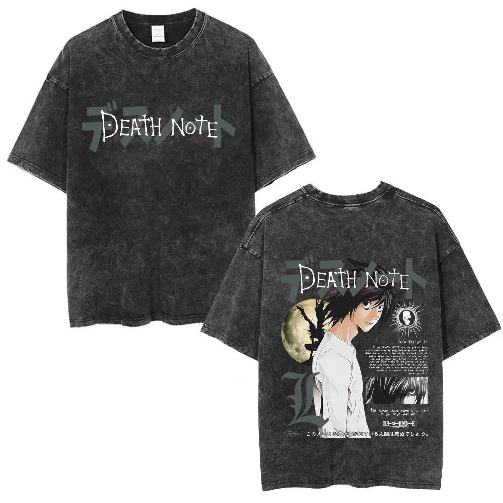 Washed Vintage Anime Death Note Ryuk Light Yagami L Lawliet Graphic T-shirt Men Casual Oversized T Shirt 90s Manga Retro Tshirt L