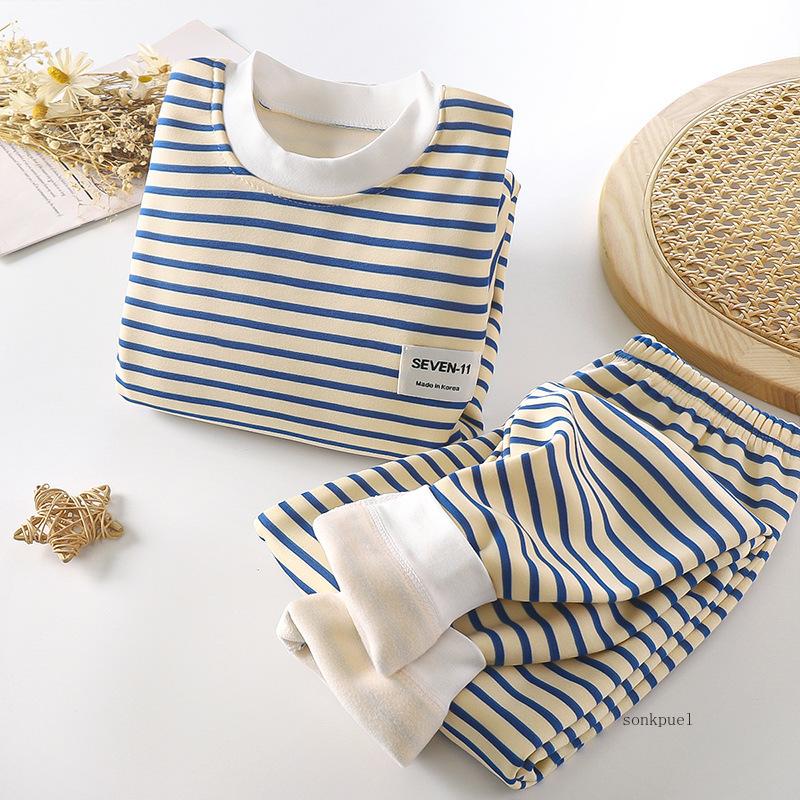 New Autumn Winter Kids Pajamas Baby Boys Girls Striped Thicken Warm T-shirt with Pants Youth Pyjamas Sleepwear Clothing Sets